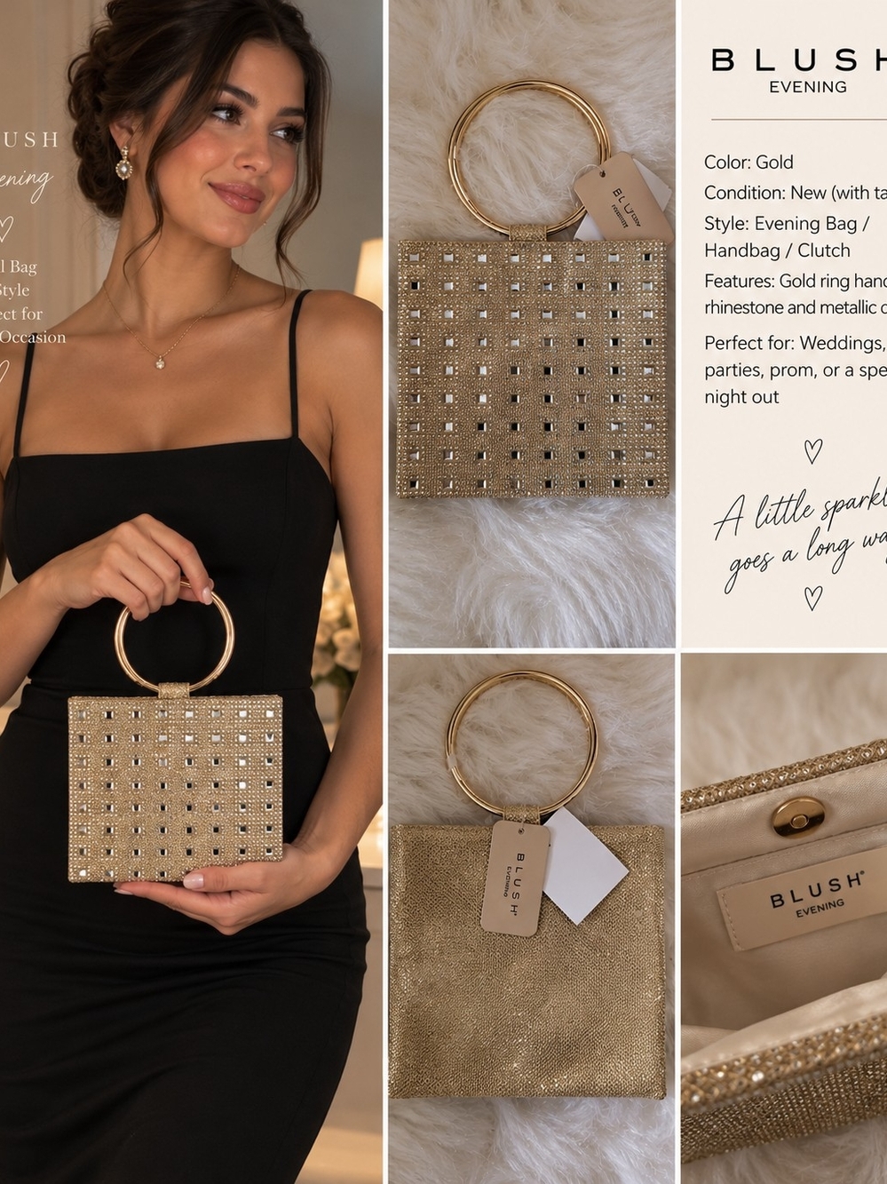Blush Gold Rhinestone Ring-Handle Evening Clutch
